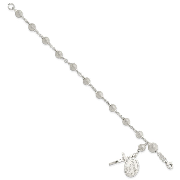 Sterling Silver 7.75-inch Diamond-cut Beaded Rosary Bracelet