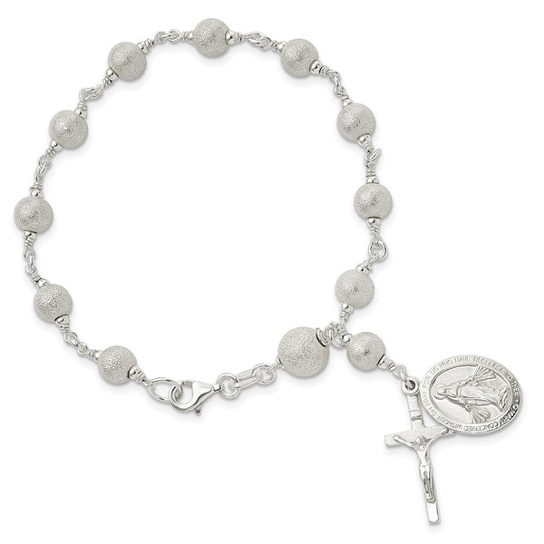 Sterling Silver 7.75-inch Diamond-cut Beaded Rosary Bracelet