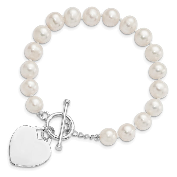 Sterling Silver 8MM Pearl 7.5-inch Heart Toggle Bracelet