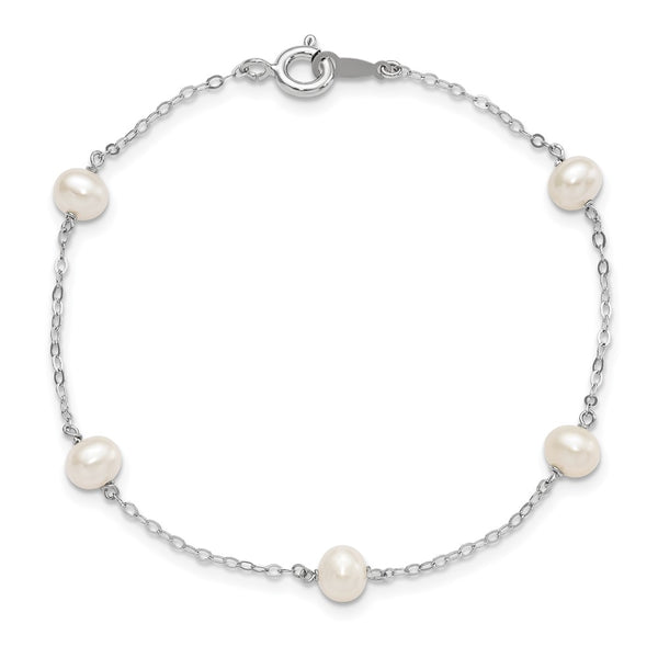 Sterling Silver 4MM Pearl 7-inch 5-Station Bracelet