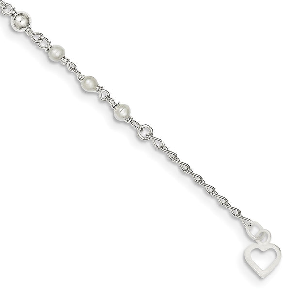 Sterling Silver Pearl 10-inch Heart Anklet