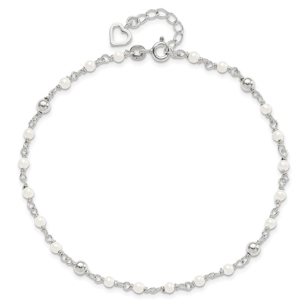 Sterling Silver Pearl 10-inch Heart Anklet