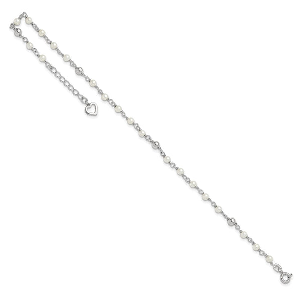 Sterling Silver Pearl 10-inch Heart Anklet