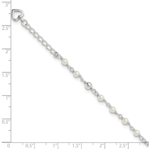 Sterling Silver Pearl 10-inch Heart Anklet