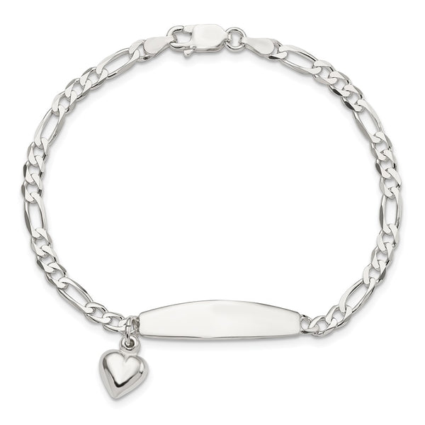 Engravable Sterling Silver 7.5-inch 3.5MM Figaro ID Heart Bracelet