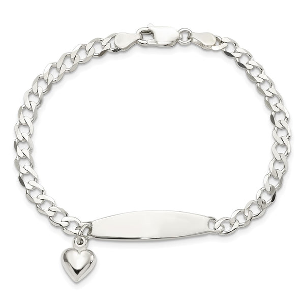 Sterling Silver 7.5-inch 4MM Curb ID Heart Bracelet