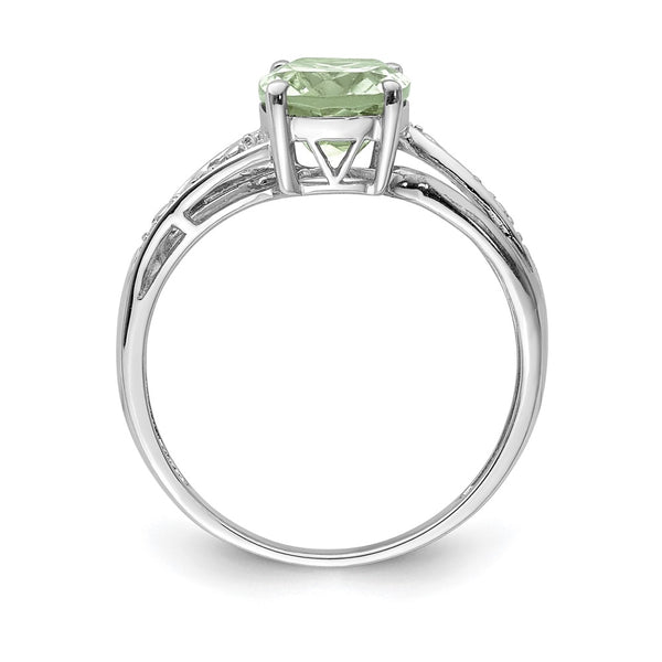 Cushion Green Quartz and Diamond Ring in Sterling Silver; Size 7