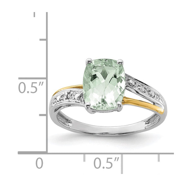 Cushion Green Quartz and Diamond Ring in Sterling Silver; Size 7