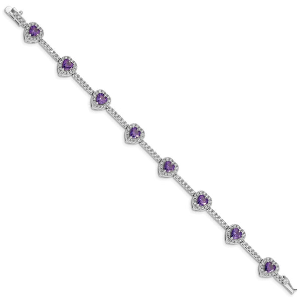 Sterling Silver Amethyst and Cubic Zirconia 7-inch 10MM Tennis Heart Bracelet