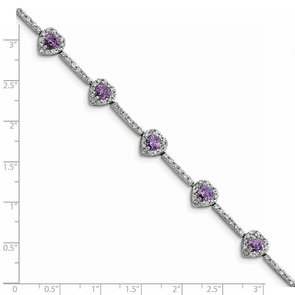 Sterling Silver Amethyst and Cubic Zirconia 7-inch 10MM Tennis Heart Bracelet