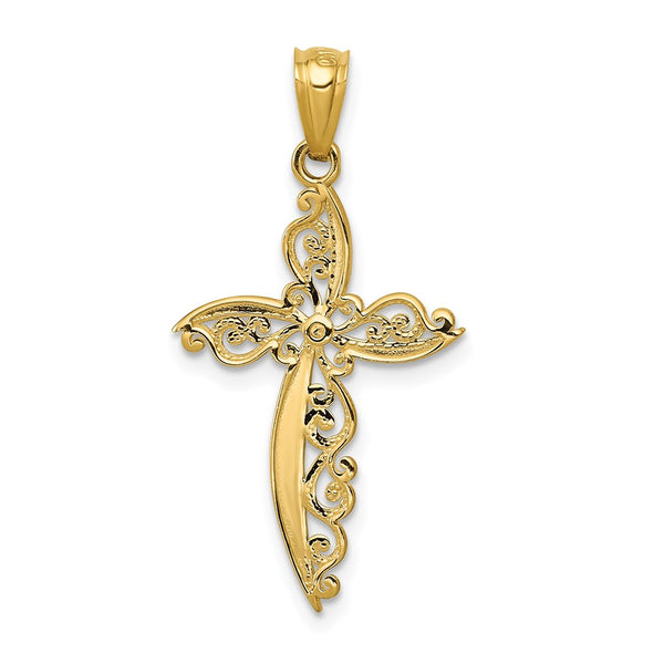 14KT Yellow Gold 30X16MM Diamond-cut Filigree Cross Pendant. Chain Not Included