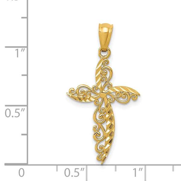 14KT Yellow Gold 30X16MM Diamond-cut Filigree Cross Pendant. Chain Not Included