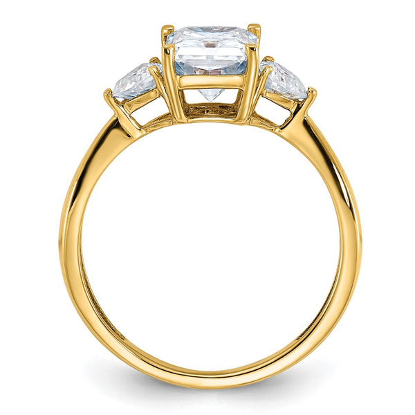 8X6MM Princess Cut Moissanite and Moissanite Three Stone Ring in 14KT Yellow Gold; Size 7