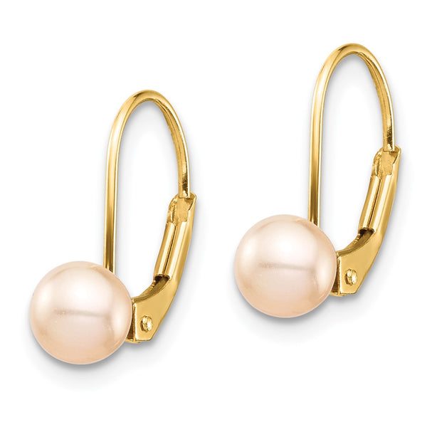 5MM Round Pearl Leverback Earrings in 14KT Yellow Gold