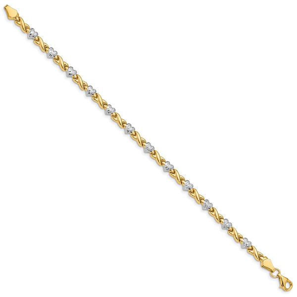 14KT Yellow Gold With Rhodium Plating 7-inch 4MM Diamond-cut Heart Bracelet