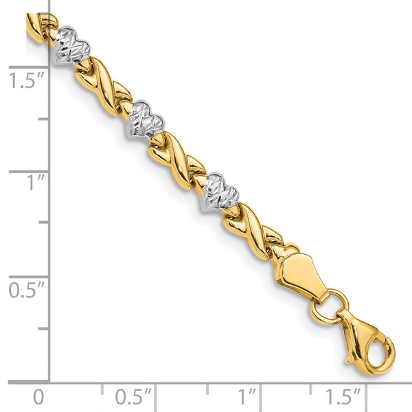 14KT Yellow Gold With Rhodium Plating 7-inch 4MM Diamond-cut Heart Bracelet