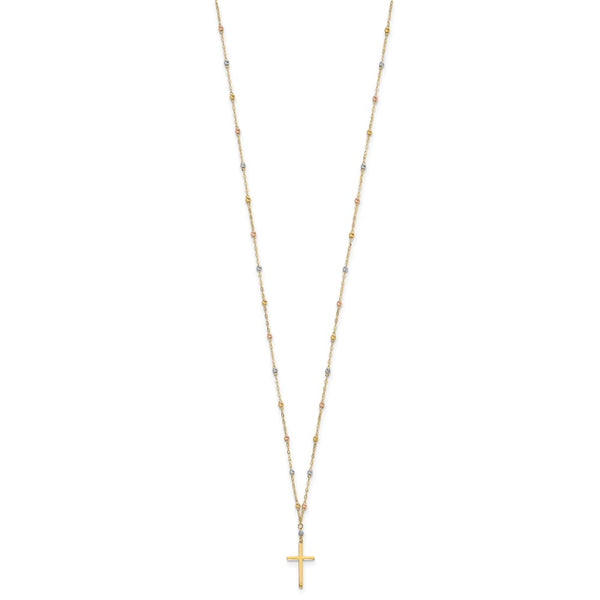 14KT Gold Tri-Color 17-inch Diamond-cut Beaded Cross Necklace