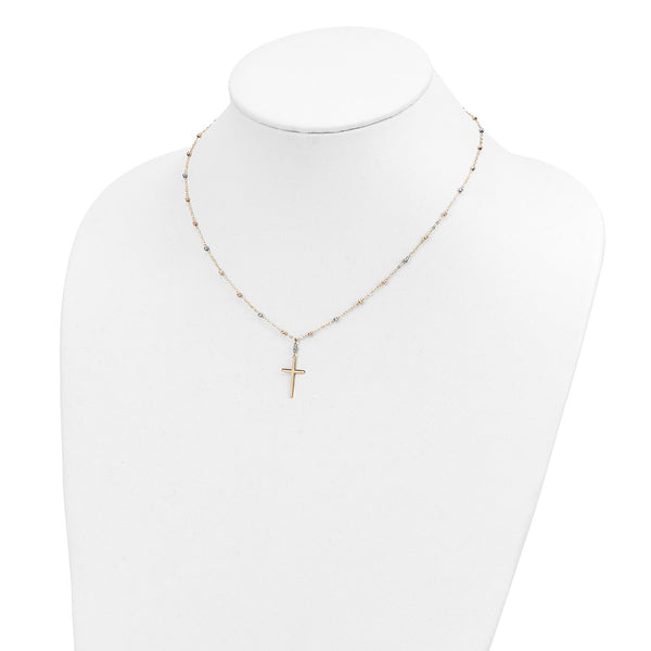 14KT Gold Tri-Color 17-inch Diamond-cut Beaded Cross Necklace