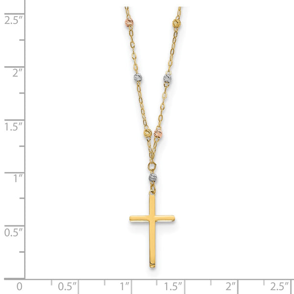 14KT Gold Tri-Color 17-inch Diamond-cut Beaded Cross Necklace