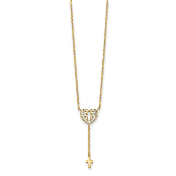 14KT Yellow Gold Cubic Zirconia 17-inch Heart Cross Necklace