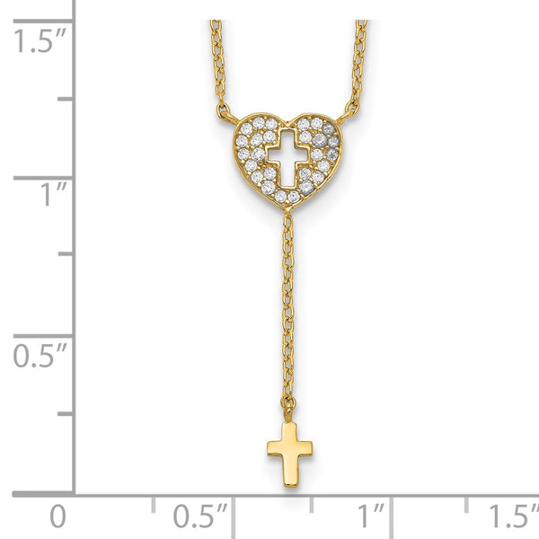 14KT Yellow Gold Cubic Zirconia 17-inch Heart Cross Necklace