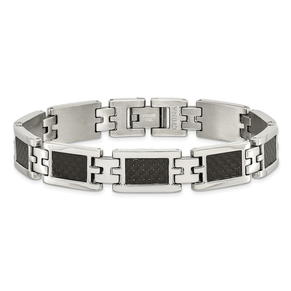 Stainless Steel Polished Black Carbon Fiber Inlay 9in Bracelet