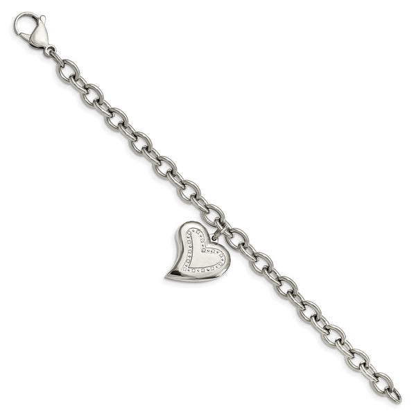 Stainless Steel Cubic Zirconia 7.5-inch Lobster Clasp Heart Charm Bracelet