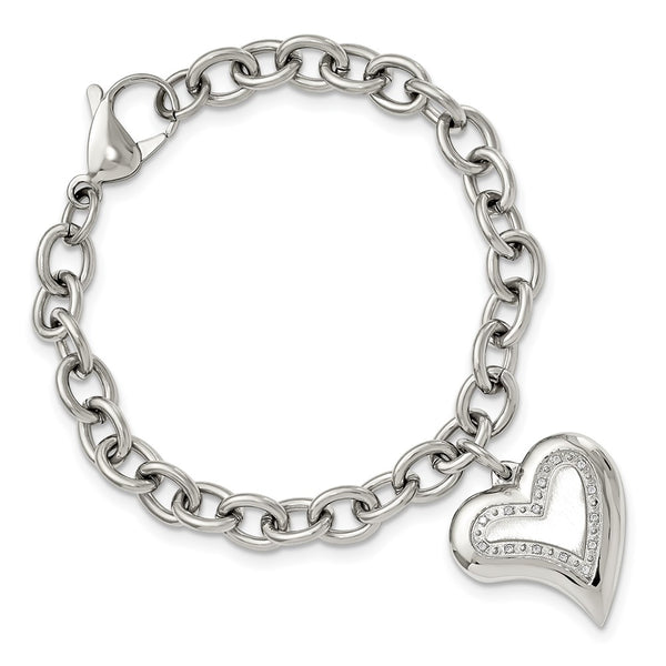 Stainless Steel Cubic Zirconia 7.5-inch Lobster Clasp Heart Charm Bracelet