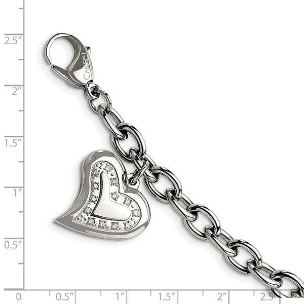 Stainless Steel Cubic Zirconia 7.5-inch Lobster Clasp Heart Charm Bracelet