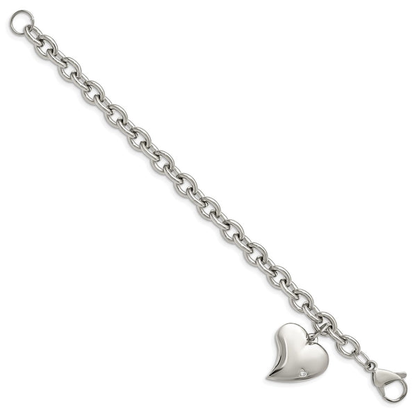 Stainless Steel Cubic Zirconia 7.5-inch Lobster Clasp Heart Charm Bracelet