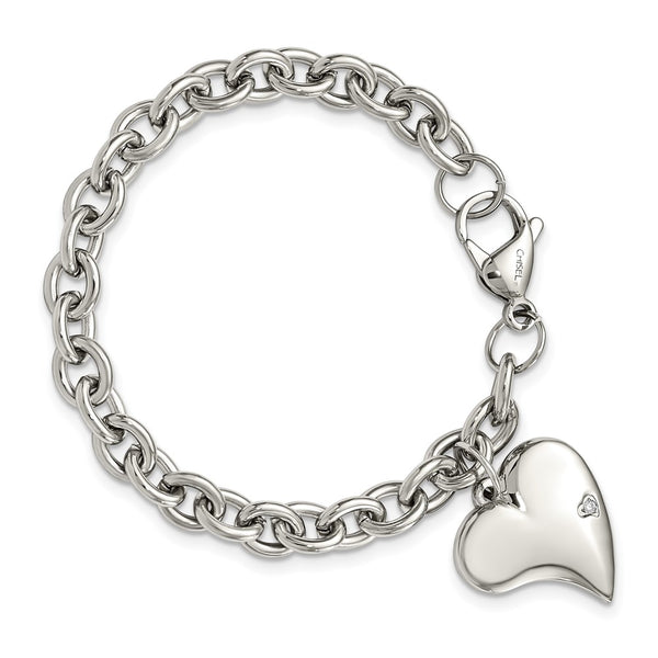 Stainless Steel Cubic Zirconia 7.5-inch Lobster Clasp Heart Charm Bracelet