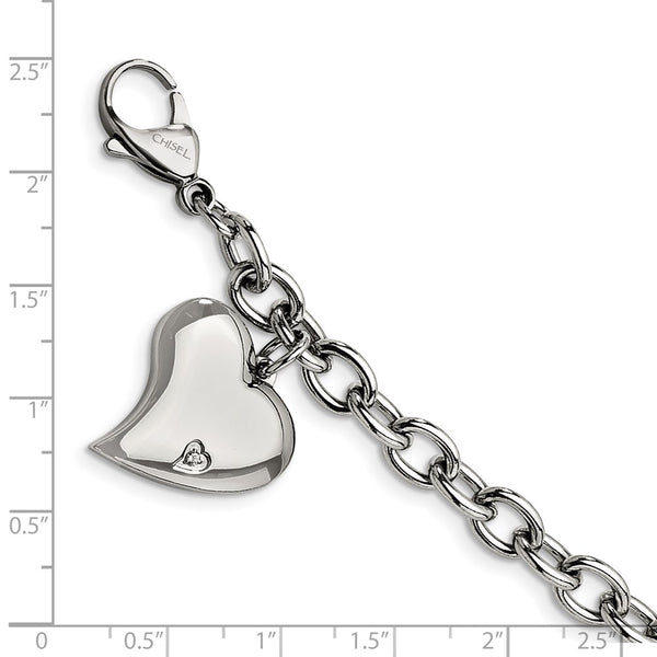 Stainless Steel Cubic Zirconia 7.5-inch Lobster Clasp Heart Charm Bracelet