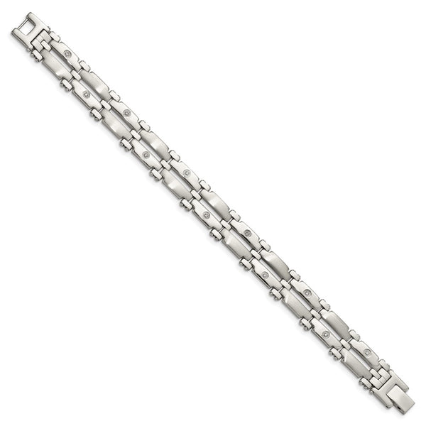 Stainless Steel w/14k White Gold Accents & Diamonds 8.5in Bracelet