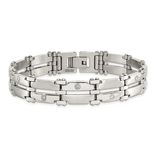 Stainless Steel w/14k White Gold Accents & Diamonds 8.5in Bracelet