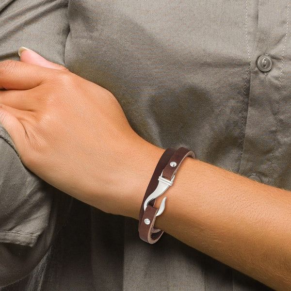 Stainless Steel Brown Leather Wrap Bracelet