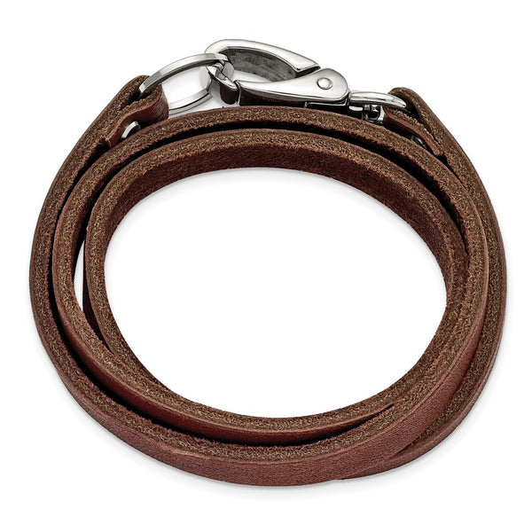 Stainless Steel Dark Brown Leather Wrap Bracelet