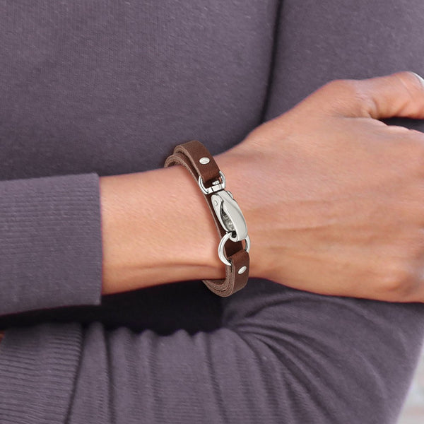 Stainless Steel Dark Brown Leather Wrap Bracelet