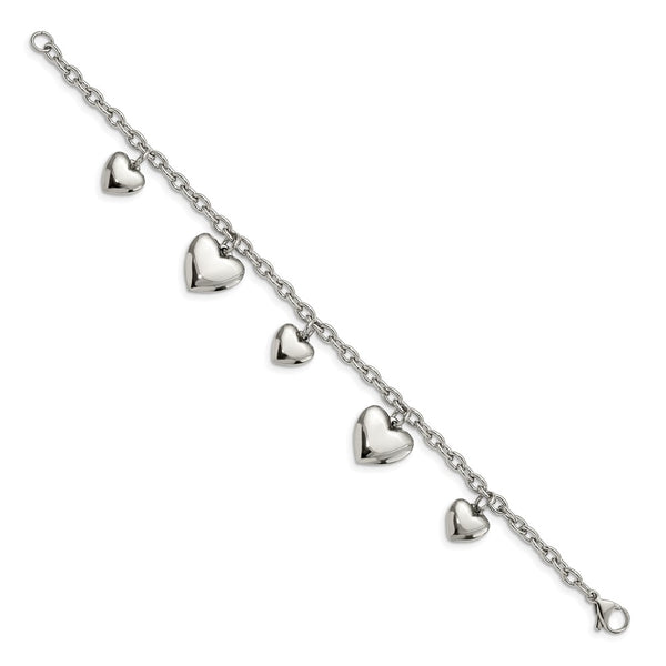 Stainless Steel Polished Hearts 8in Bracelet