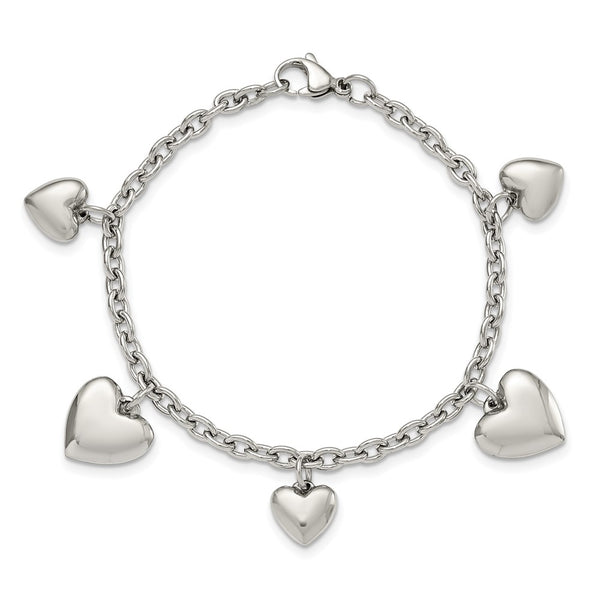 Stainless Steel Polished Hearts 8in Bracelet