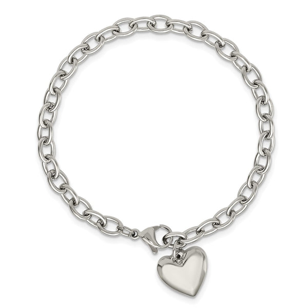 Stainless Steel Polished Open Link w/ Heart 8.5in Bracelet