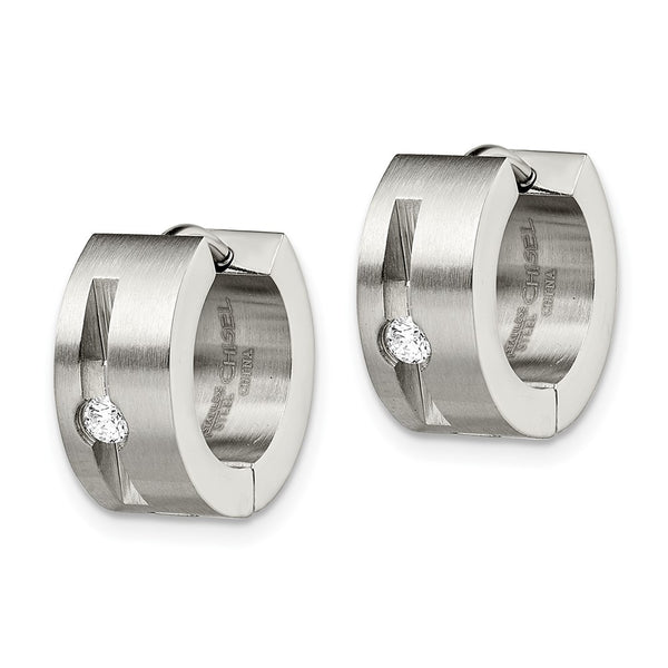 Stainless Steel CZ Brushed & Polished Round Hinged Hoop Earrings