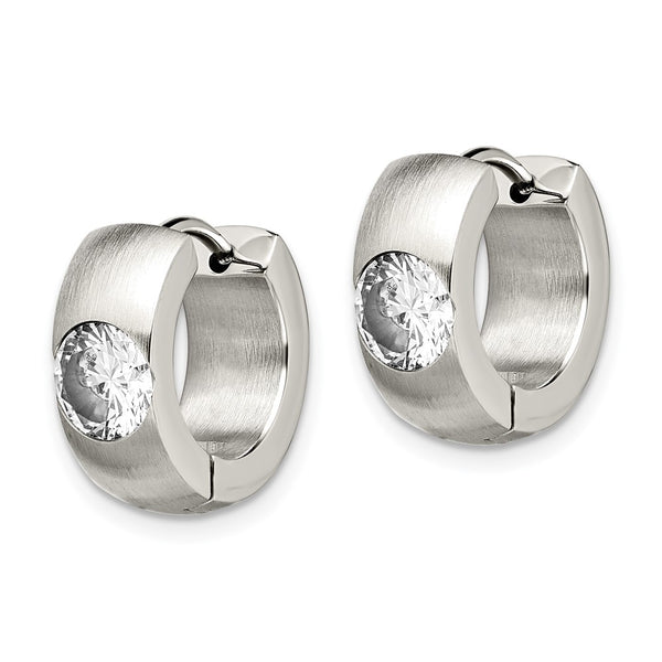 Stainless Steel CZ Brushed & Polished Round Hinged Hoop Earrings