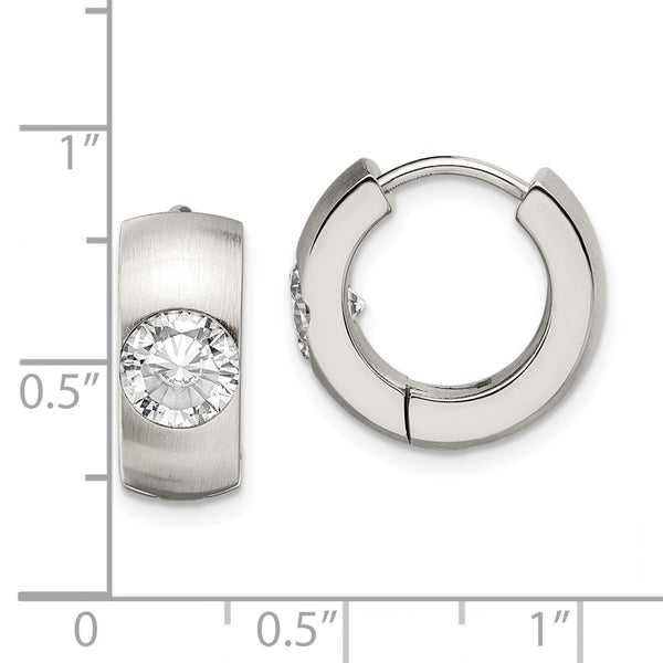 Stainless Steel CZ Brushed & Polished Round Hinged Hoop Earrings