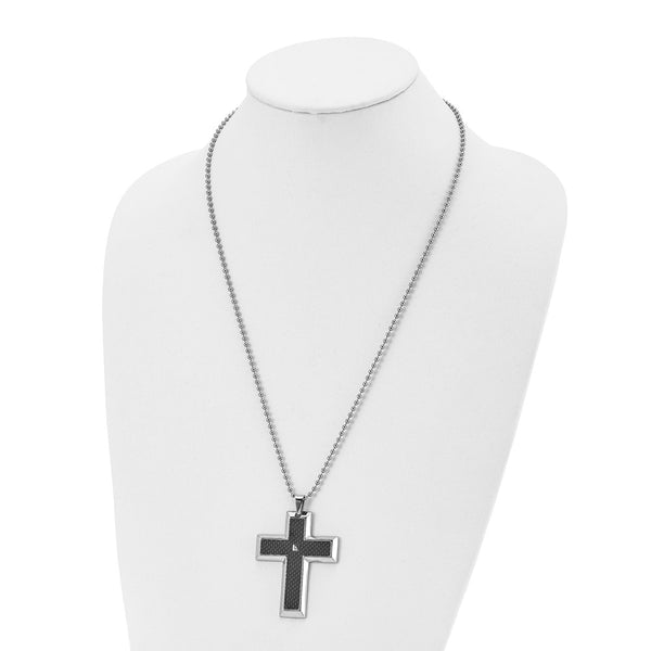 Stainless Steel Blk Carbon Fiber Inlay .01ct Diamond Accent Cross Pendant