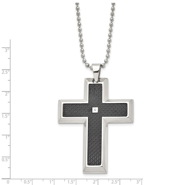 Stainless Steel Blk Carbon Fiber Inlay .01ct Diamond Accent Cross Pendant