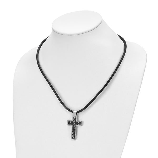 Stainless Steel Black Carbon Fiber Inlay Cross 18in Leather Cord Necklace