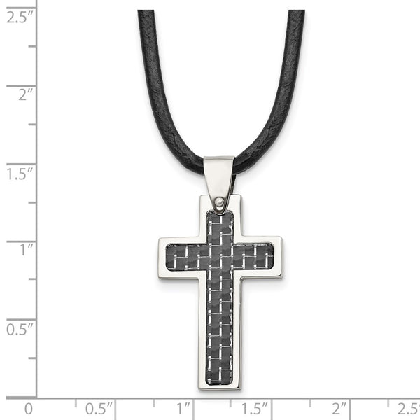 Stainless Steel Black Carbon Fiber Inlay Cross 18in Leather Cord Necklace