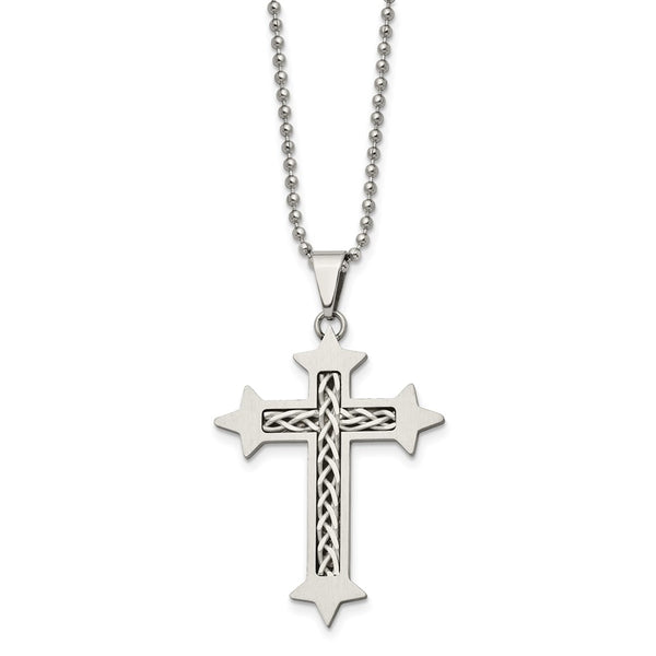 Stainless Steel Silver Inlay Cross Pendant 24in Necklace