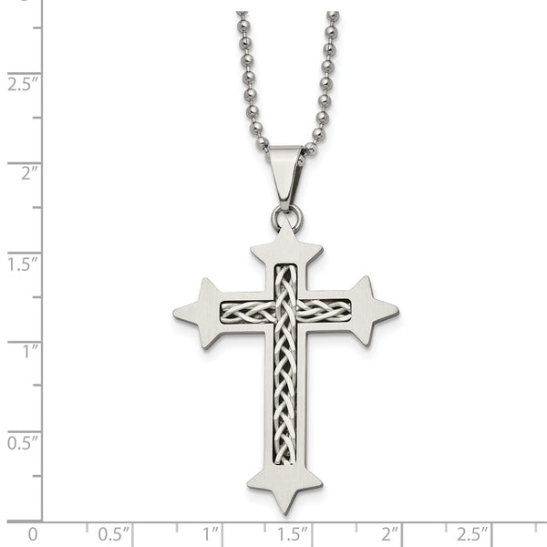 Stainless Steel Silver Inlay Cross Pendant 24in Necklace