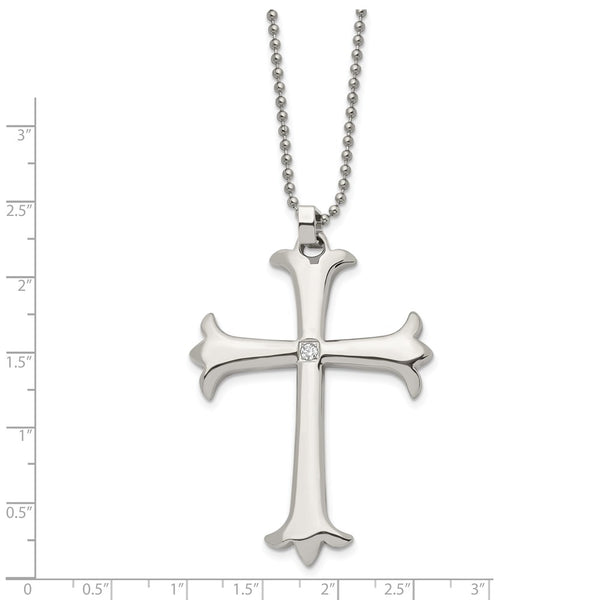 Stainless Steel Polished Cross w/ CZ Pendant 22in Necklace